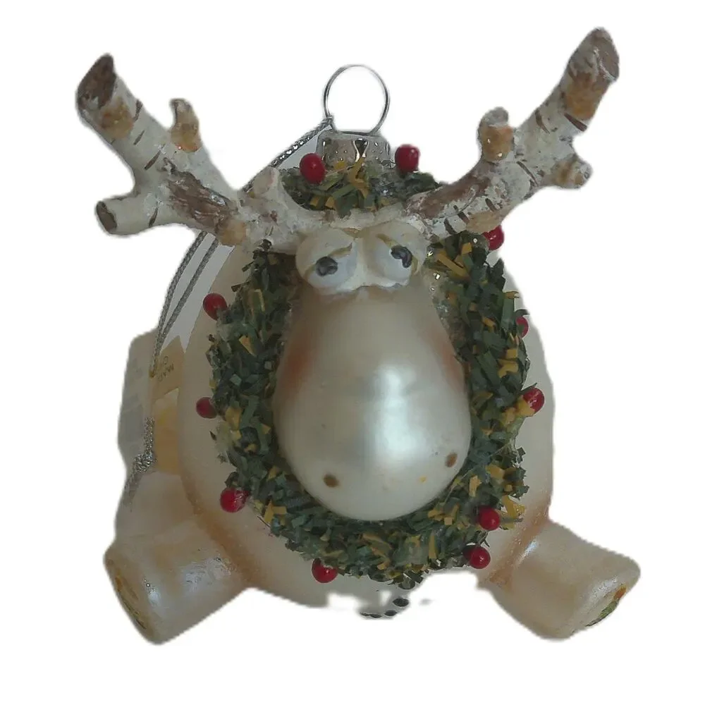 Vintage Department 56 Mercury Glass Christmas Roly Poly Moose Ornament